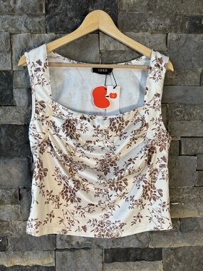 Cider Ruched Square Neck Women’s White And Brown Floral Top Size XL NWT.